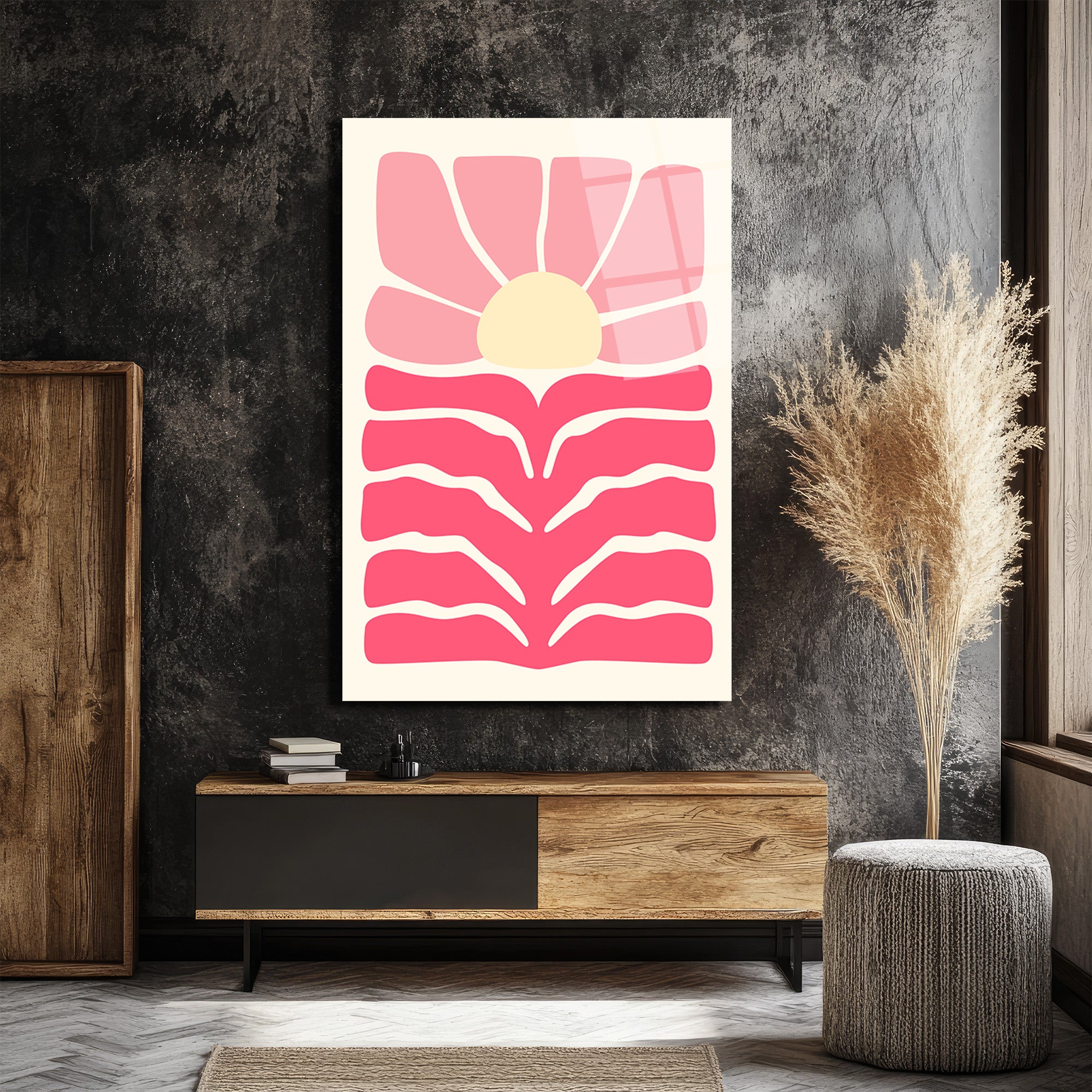 Pembe Günbatımı Soyut Cam Tablo - Modern Sanat Duvar Dekoru