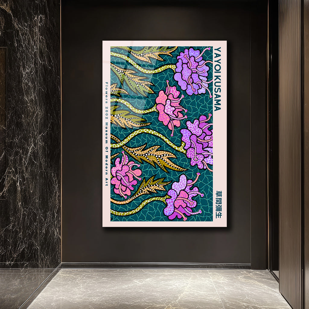 Yayoi Kusama Esintili Soyut Çiçekler Cam Tablo