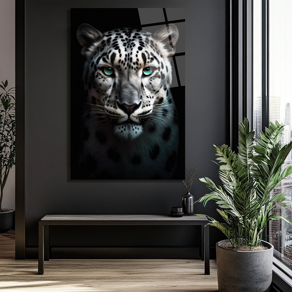 Zümrüt Gözlü Kar Leoparı Cam Tablo