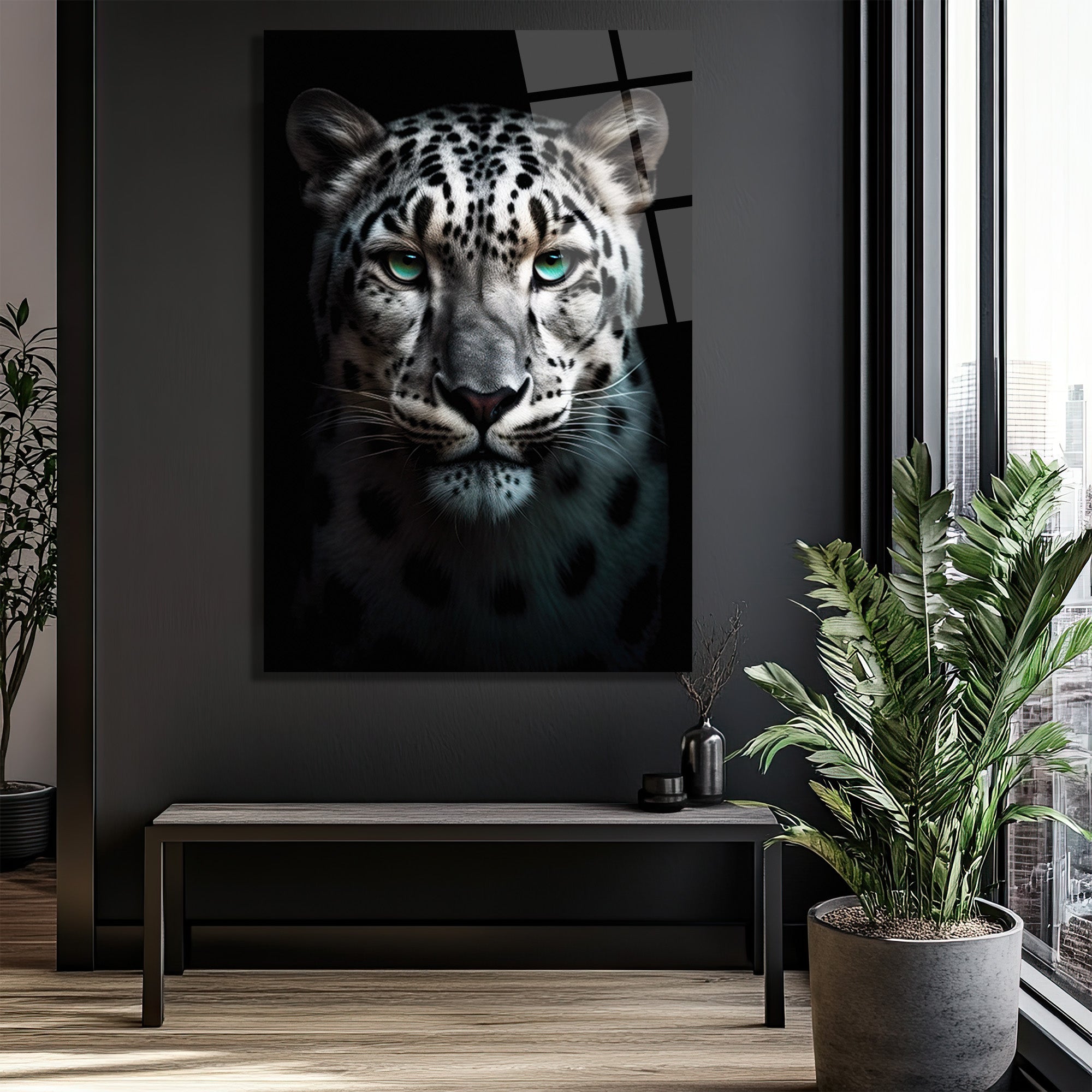 Zümrüt Gözlü Kar Leoparı Cam Tablo