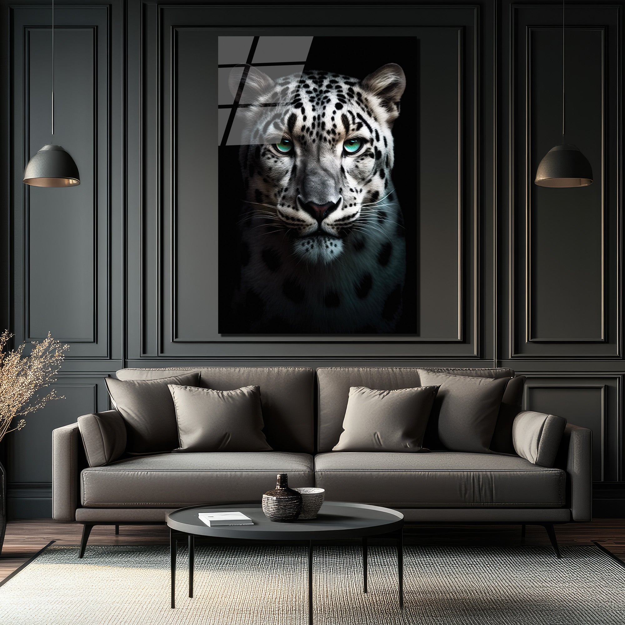 Zümrüt Gözlü Kar Leoparı Cam Tablo
