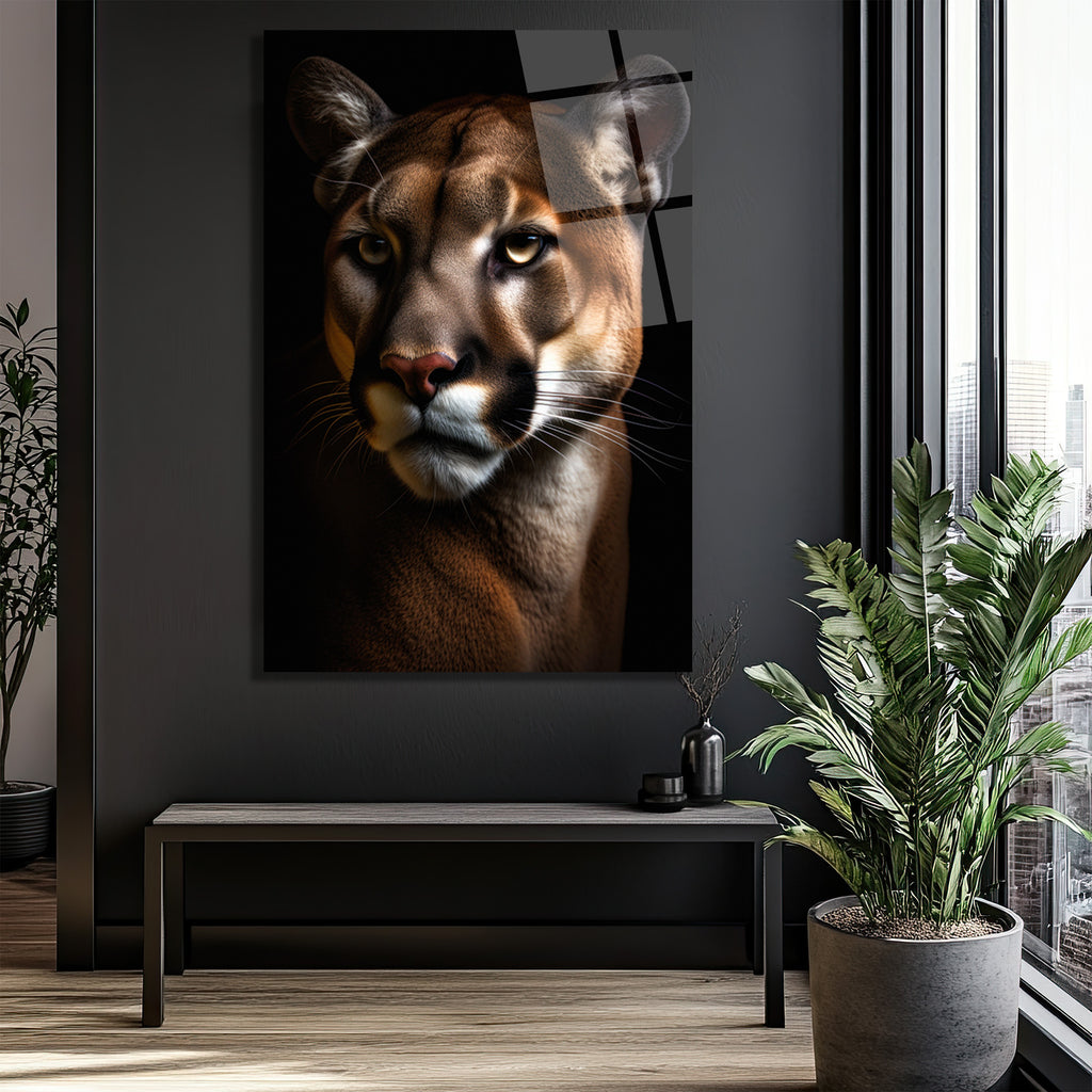 Vahşi Bakış: Puma Portresi Modern Cam Tablo