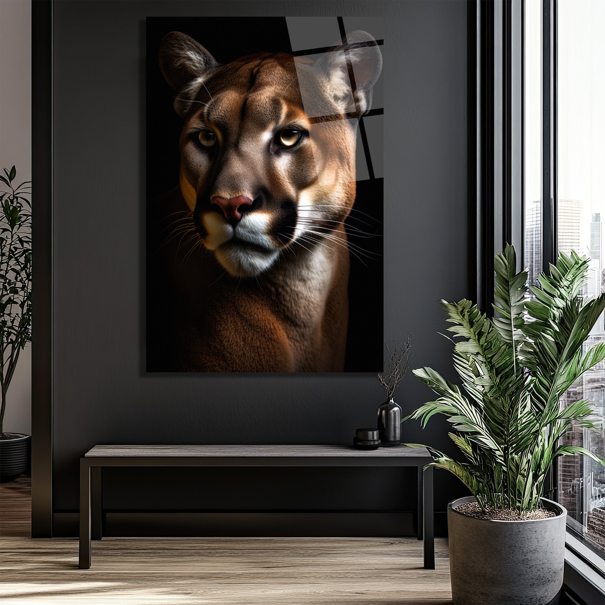 Vahşi Bakış: Puma Portresi Modern Cam Tablo