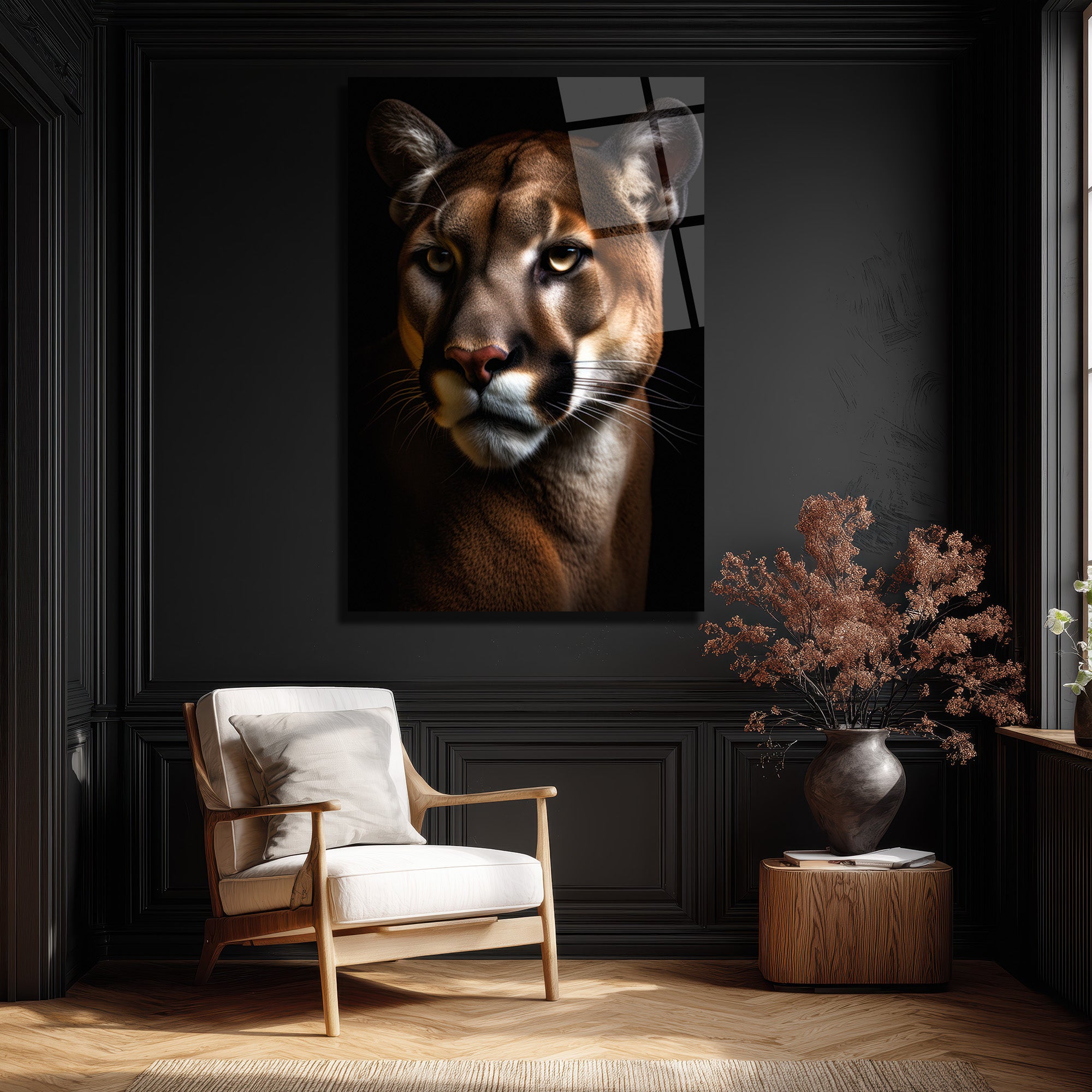 Vahşi Bakış: Puma Portresi Modern Cam Tablo