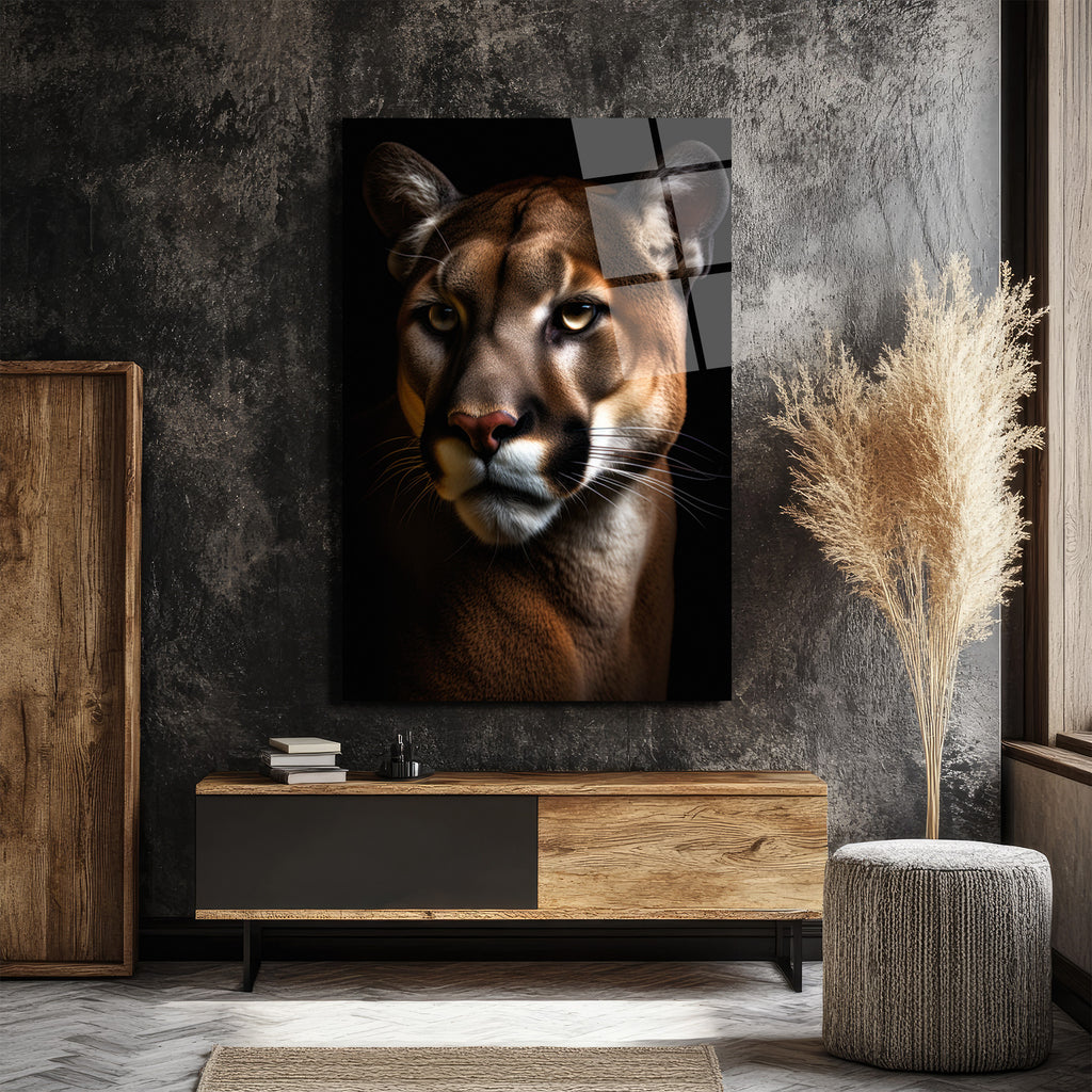 Vahşi Bakış: Puma Portresi Modern Cam Tablo