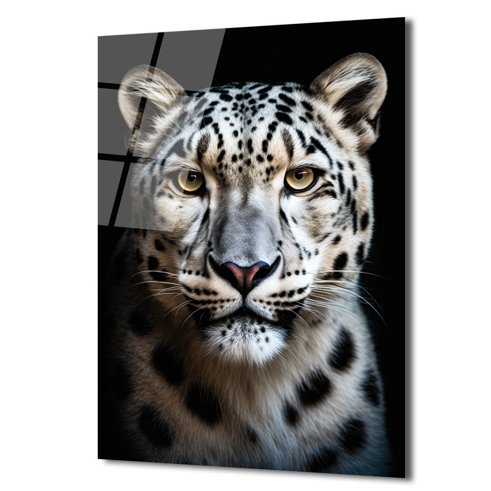 Asil Kar Leoparı Portresi Lüks Modern Cam Tablo