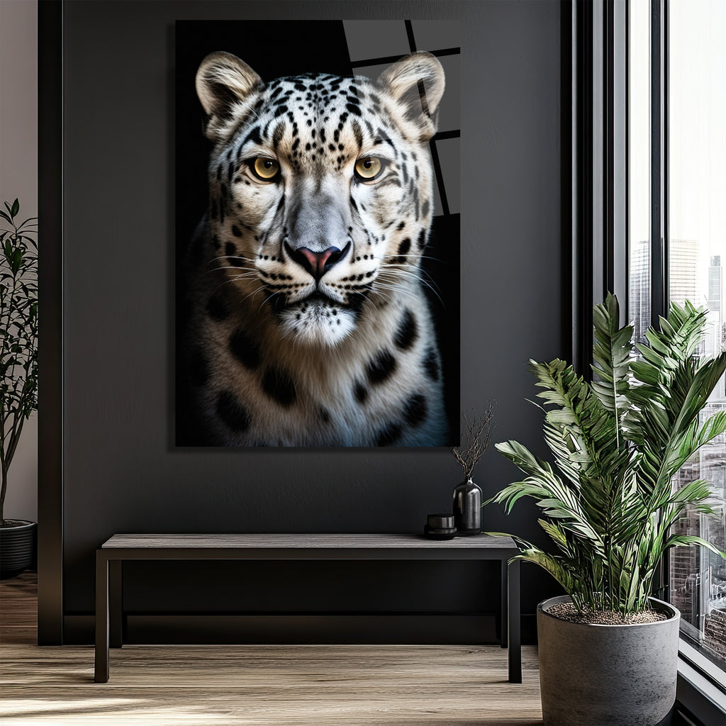 Asil Kar Leoparı Portresi Lüks Modern Cam Tablo