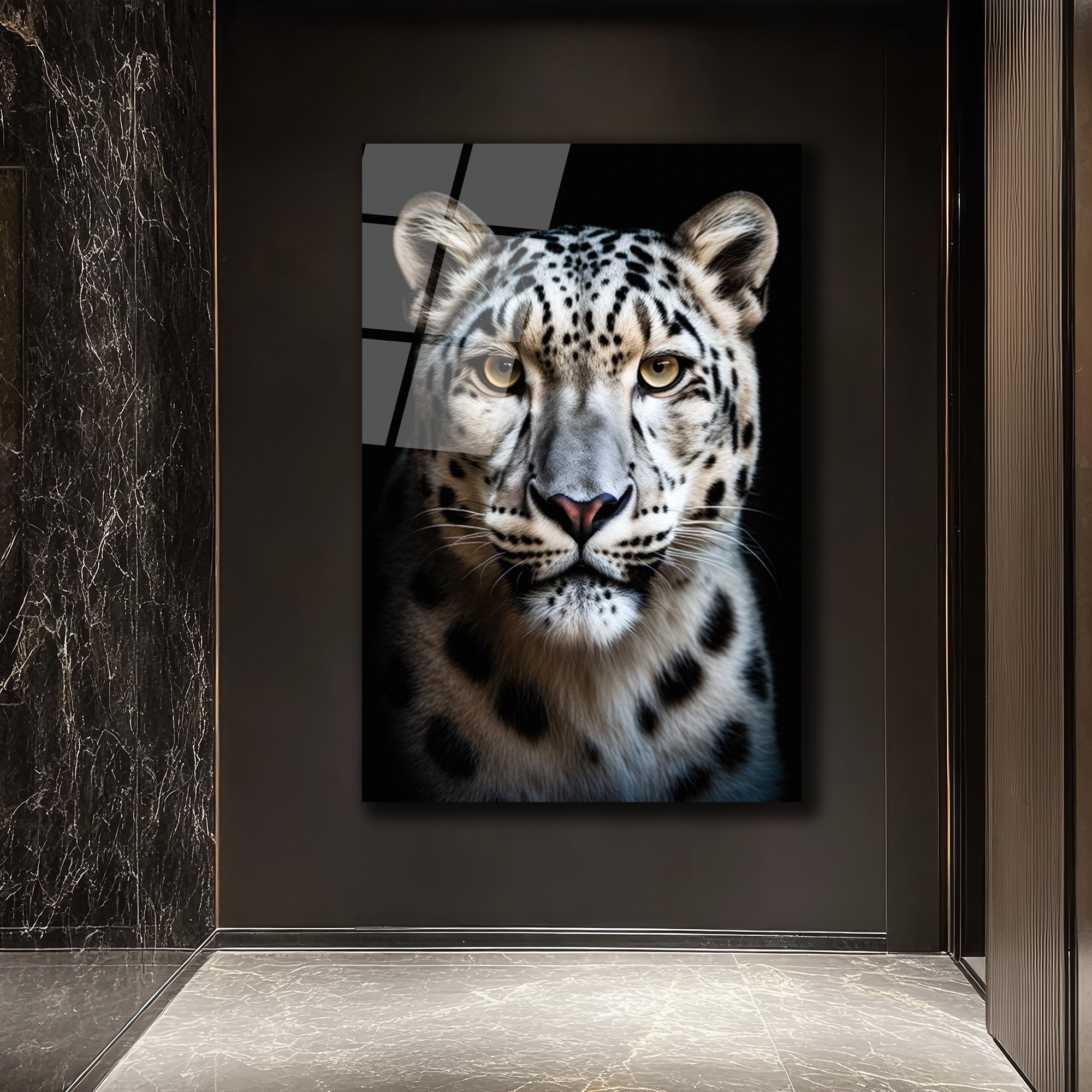Asil Kar Leoparı Portresi Lüks Modern Cam Tablo