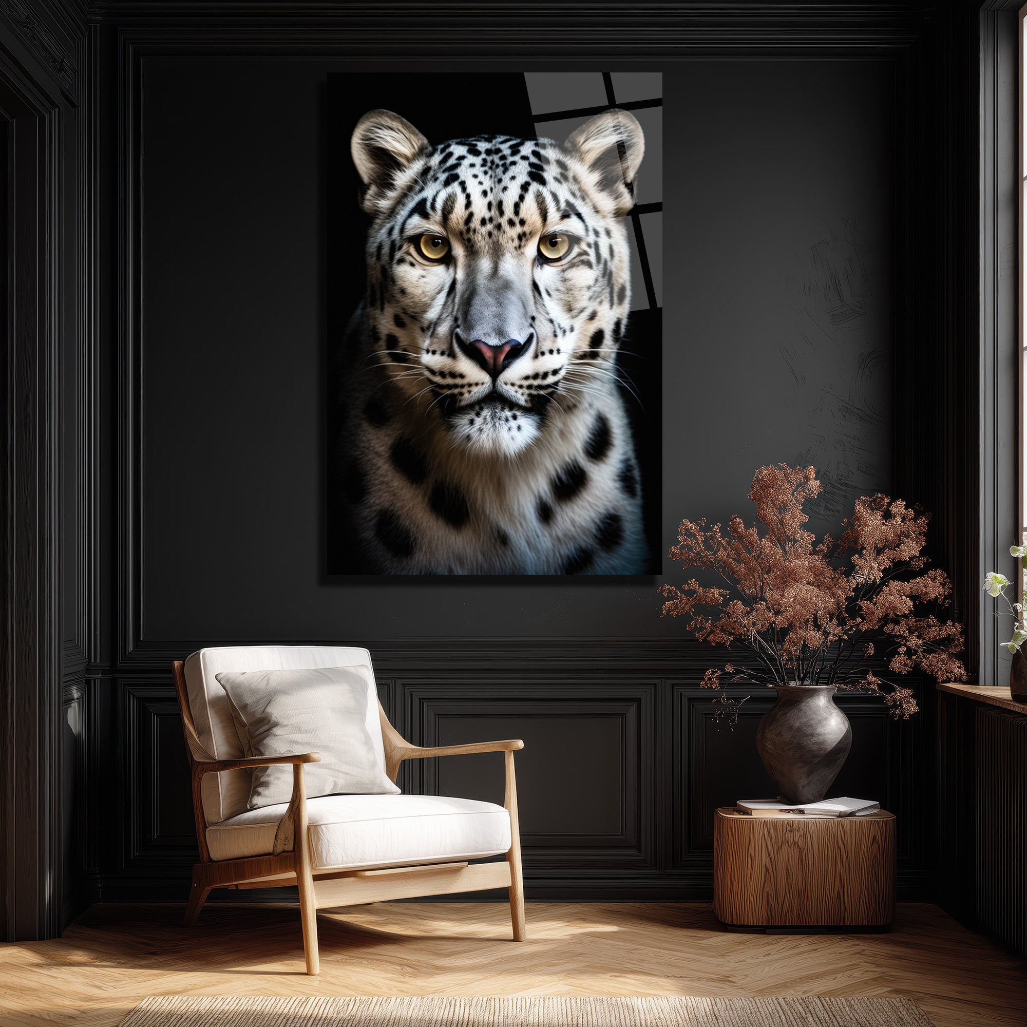 Asil Kar Leoparı Portresi Lüks Modern Cam Tablo