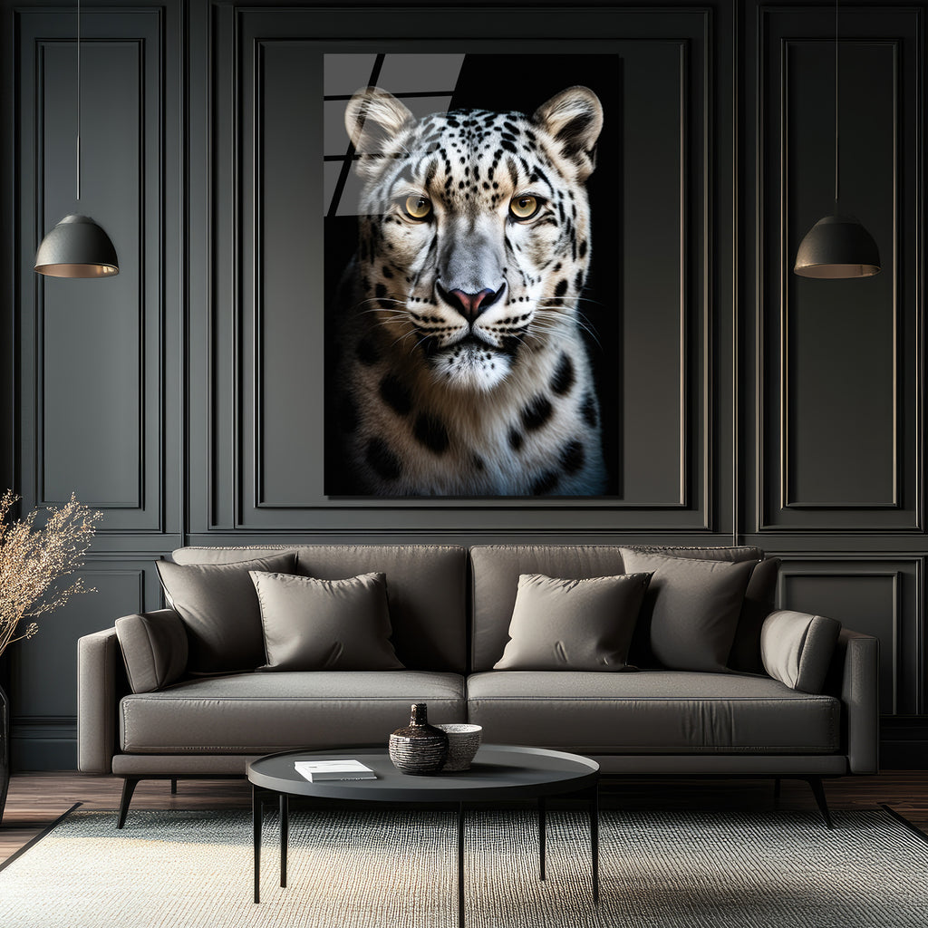 Asil Kar Leoparı Portresi Lüks Modern Cam Tablo