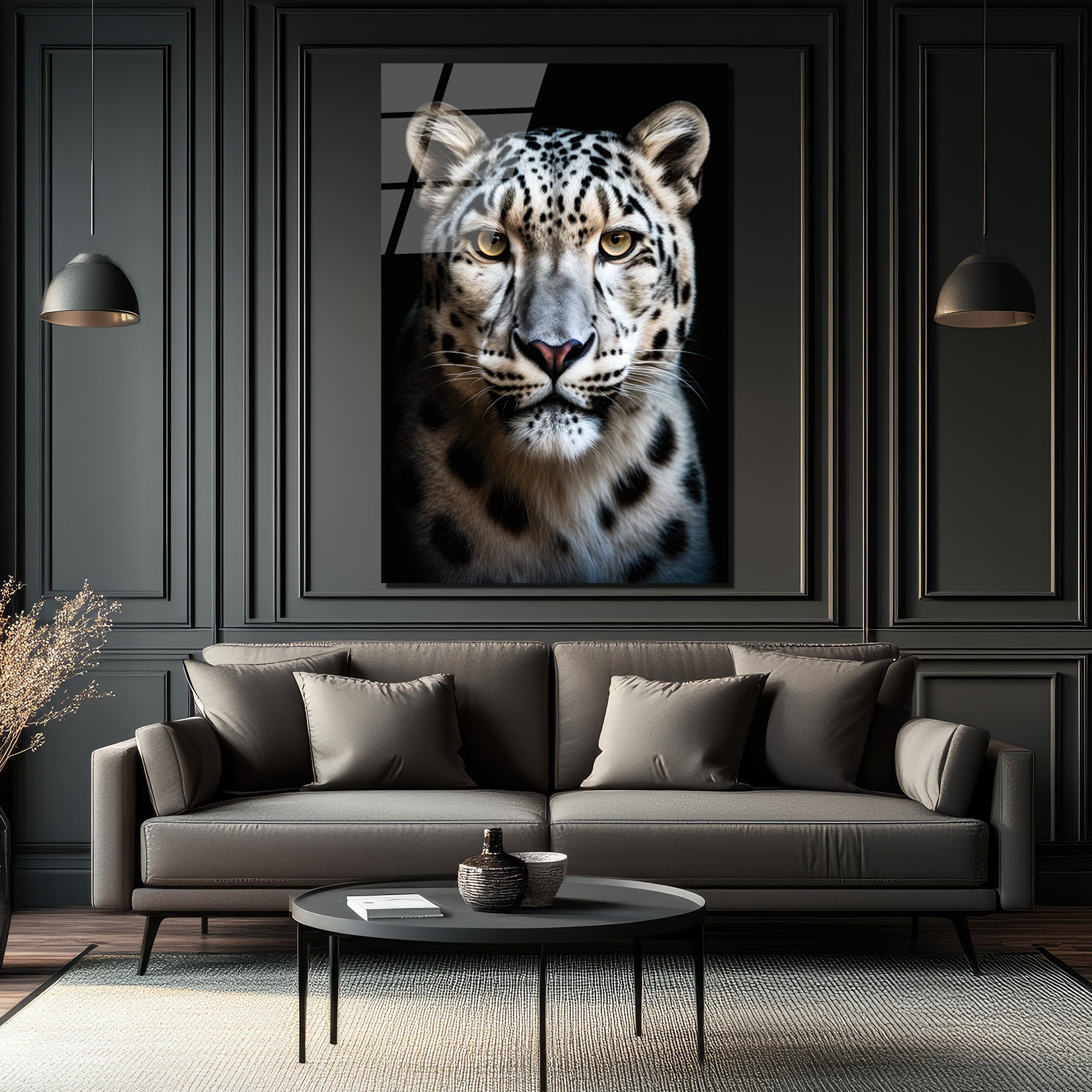 Asil Kar Leoparı Portresi Lüks Modern Cam Tablo