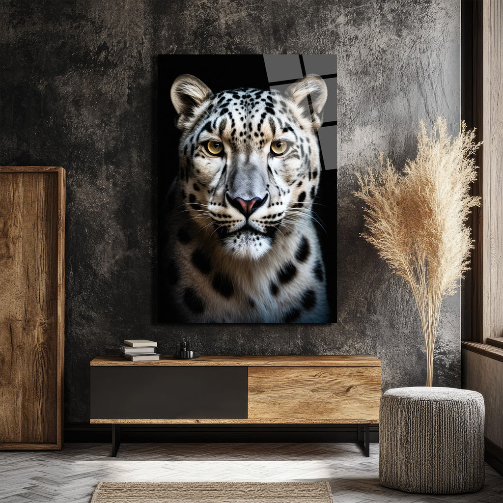 Asil Kar Leoparı Portresi Lüks Modern Cam Tablo