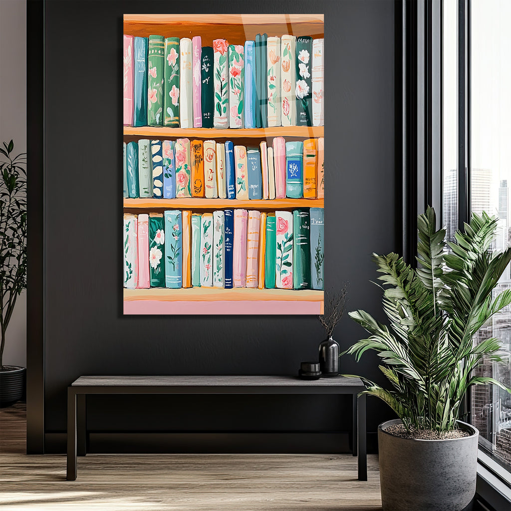 Çiçekli Kitaplık Detayları Cam Tablo - Pastel Tonlarda Sanatsal Dekor