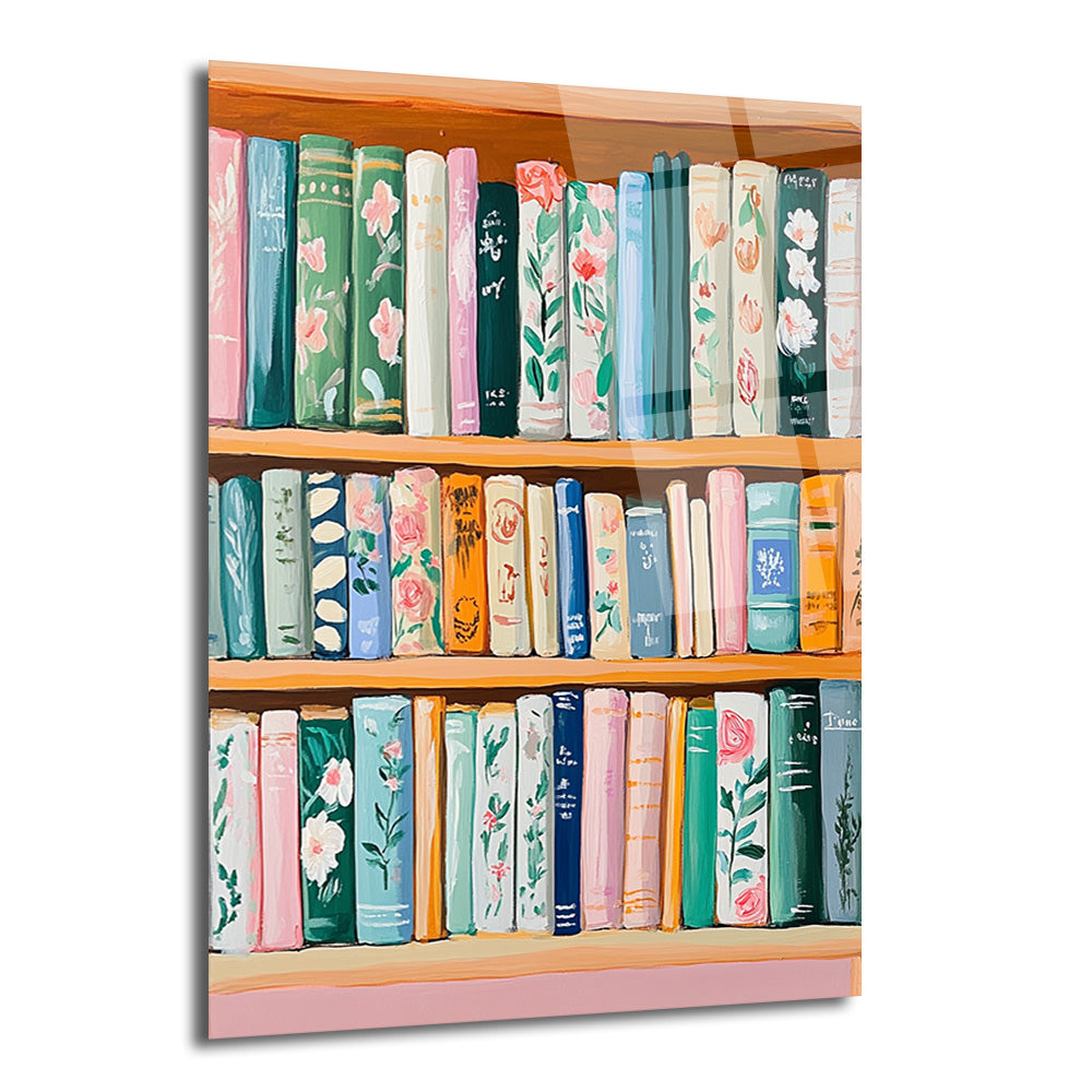 Pastel tonlarda, çeşitli çiçek desenleriyle süslenmiş kitap kapaklarının göründüğü, ahşap raflarda dizili bir kitaplığı gösteren sanatsal bir cam tablo.