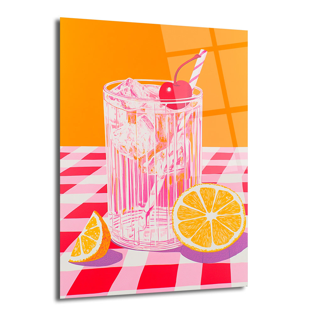 Canlı pop-art tarzında, buzlu bir kokteyl bardağı, içinde kiraz ve çizgili pipet bulunan, yanında iki dilim limon/portakal ve kırmızı-pembe kareli bir masa örtüsü üzerinde duran bir görsel. Arka plan parlak turuncudur.