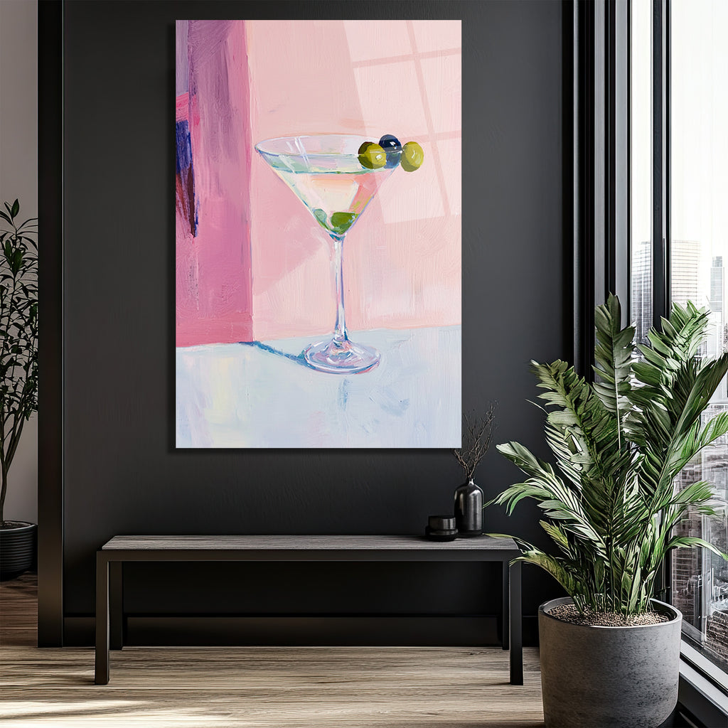Pembe Tonlarda Martini Kadehi Modern Cam Tablo