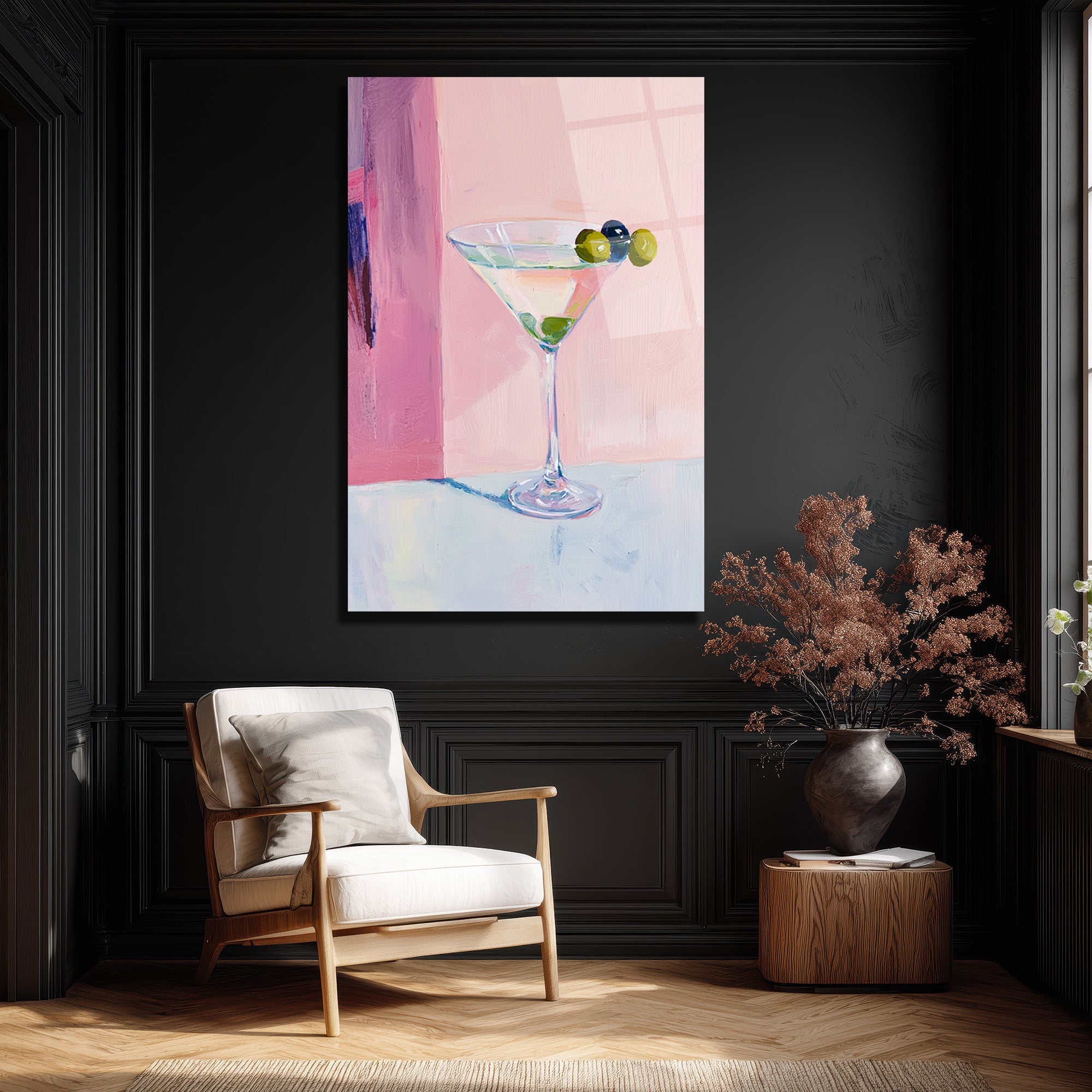 Pembe Tonlarda Martini Kadehi Modern Cam Tablo