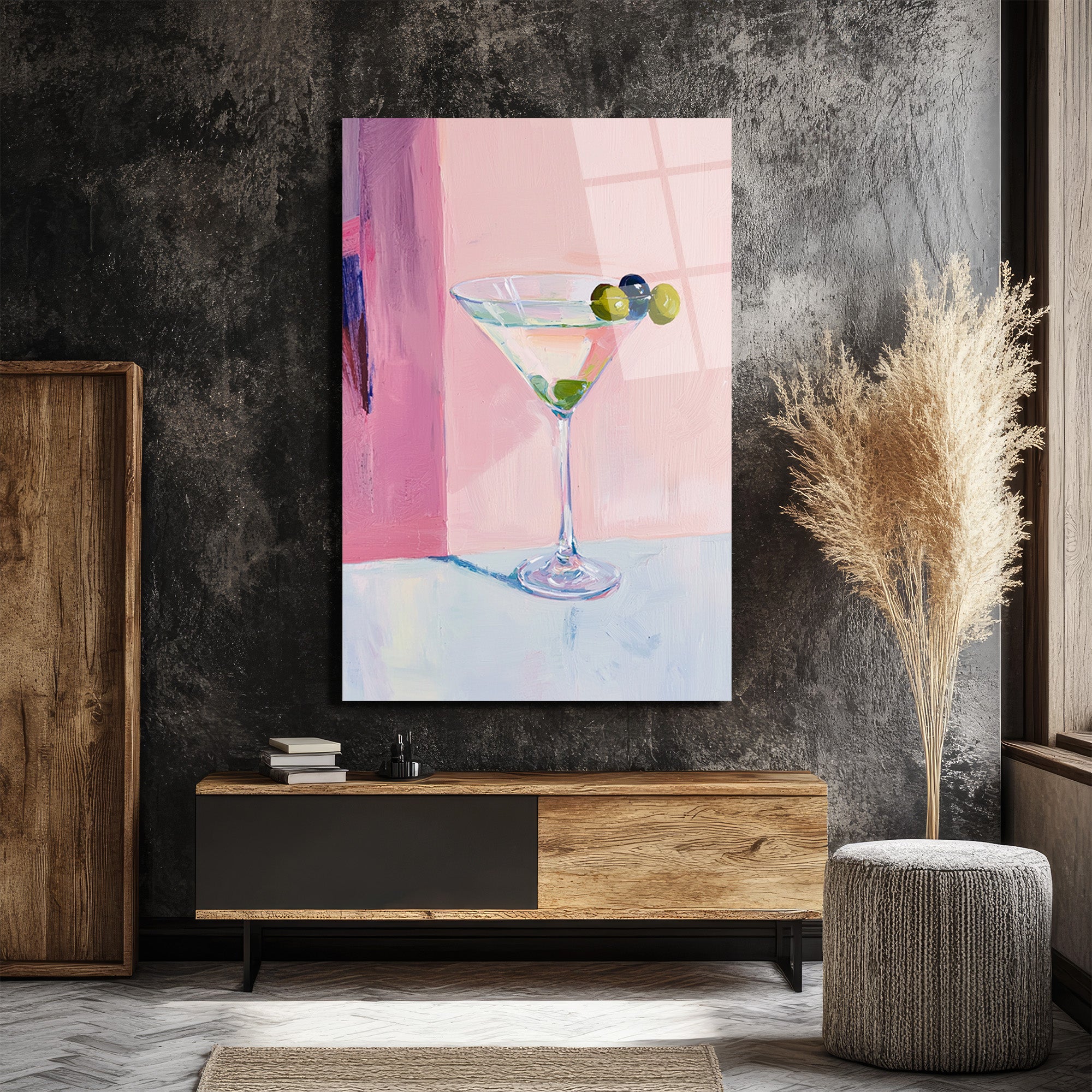Pembe Tonlarda Martini Kadehi Modern Cam Tablo