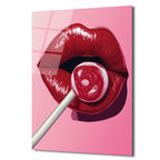 Çekici Dudaklar ve Lolipop Pop Art Cam Tablo