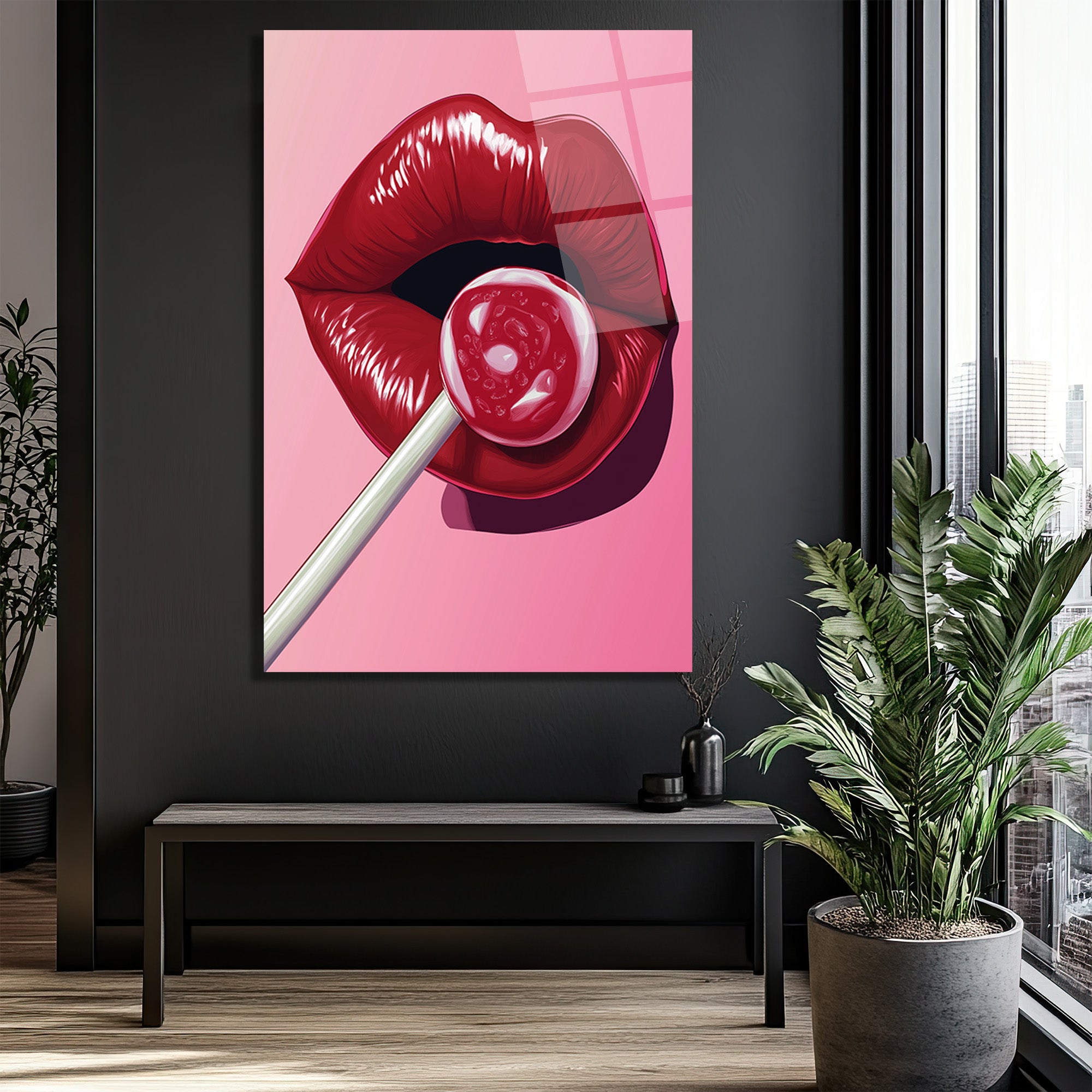 Çekici Dudaklar ve Lolipop Pop Art Cam Tablo