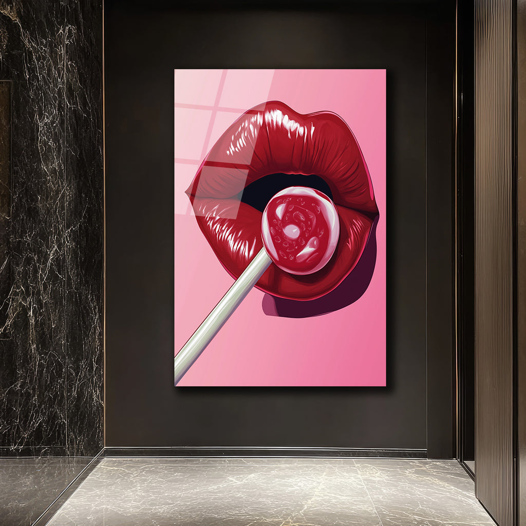 Çekici Dudaklar ve Lolipop Pop Art Cam Tablo