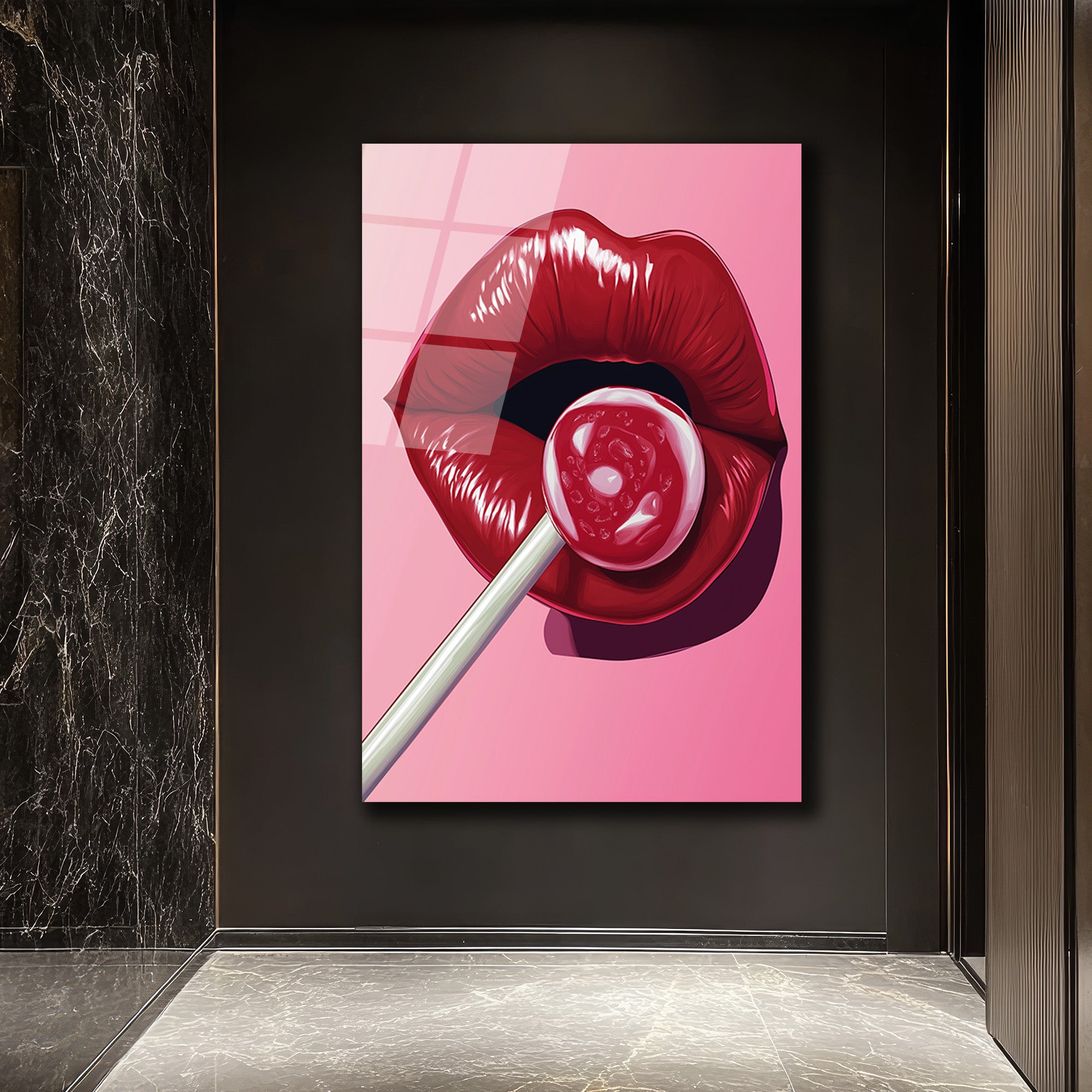 Çekici Dudaklar ve Lolipop Pop Art Cam Tablo