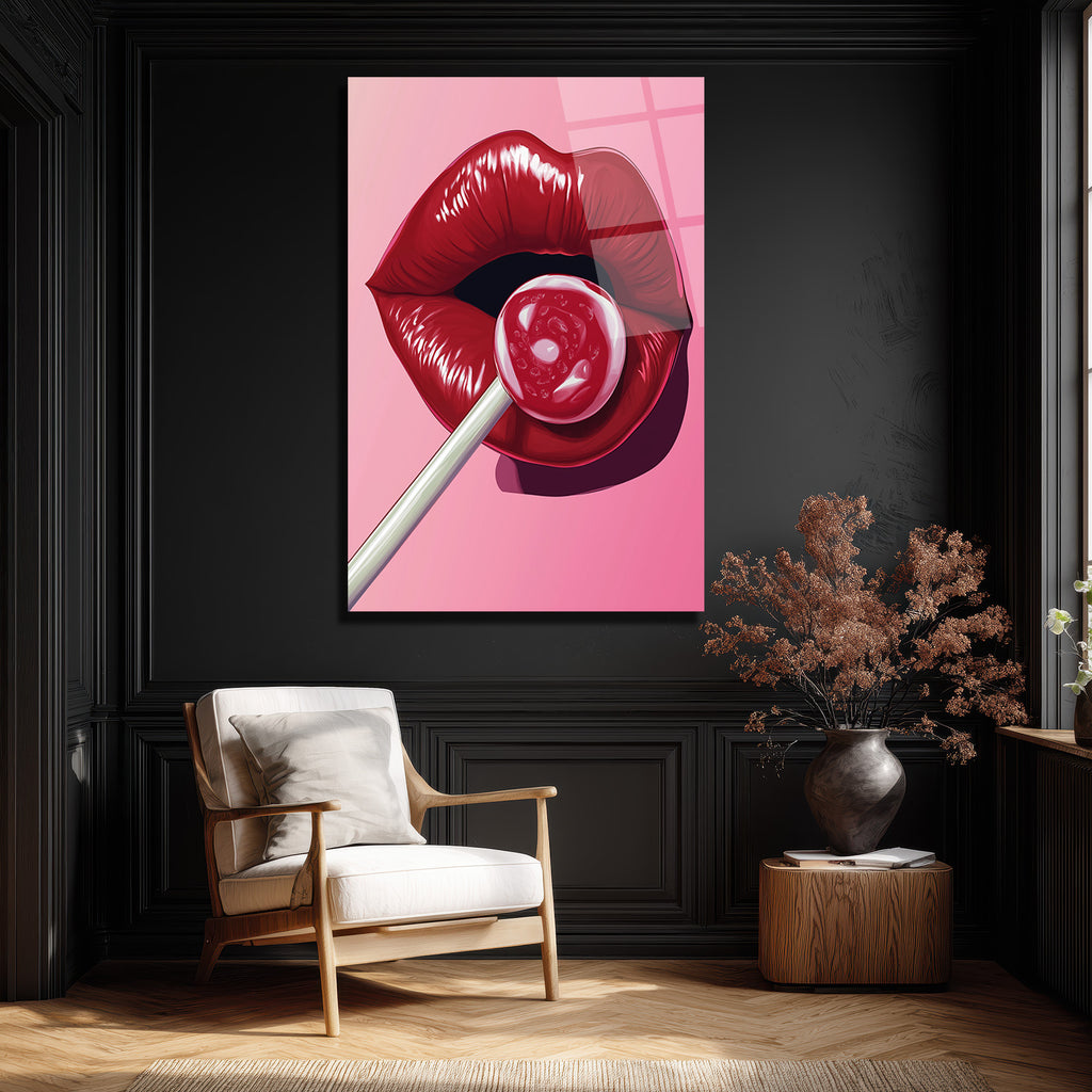 Çekici Dudaklar ve Lolipop Pop Art Cam Tablo