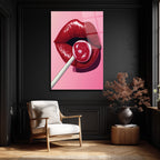 Çekici Dudaklar ve Lolipop Pop Art Cam Tablo