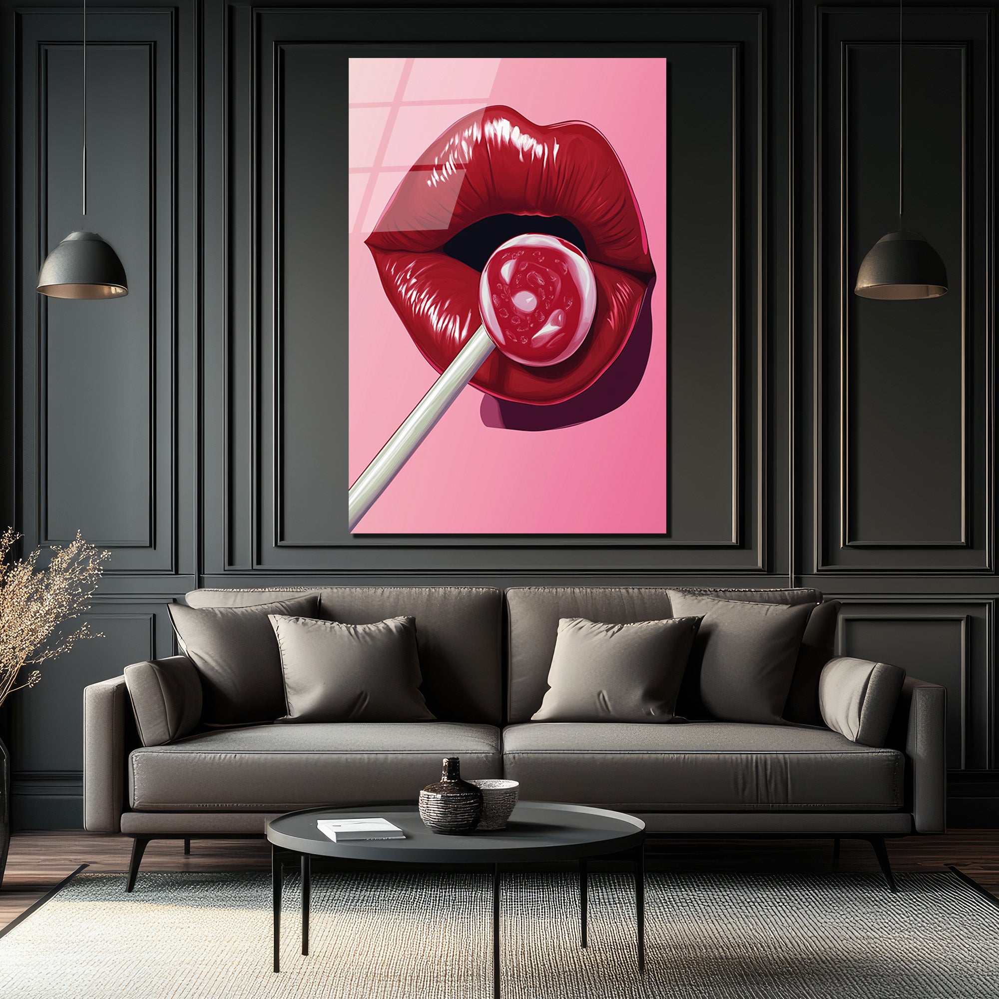 Çekici Dudaklar ve Lolipop Pop Art Cam Tablo