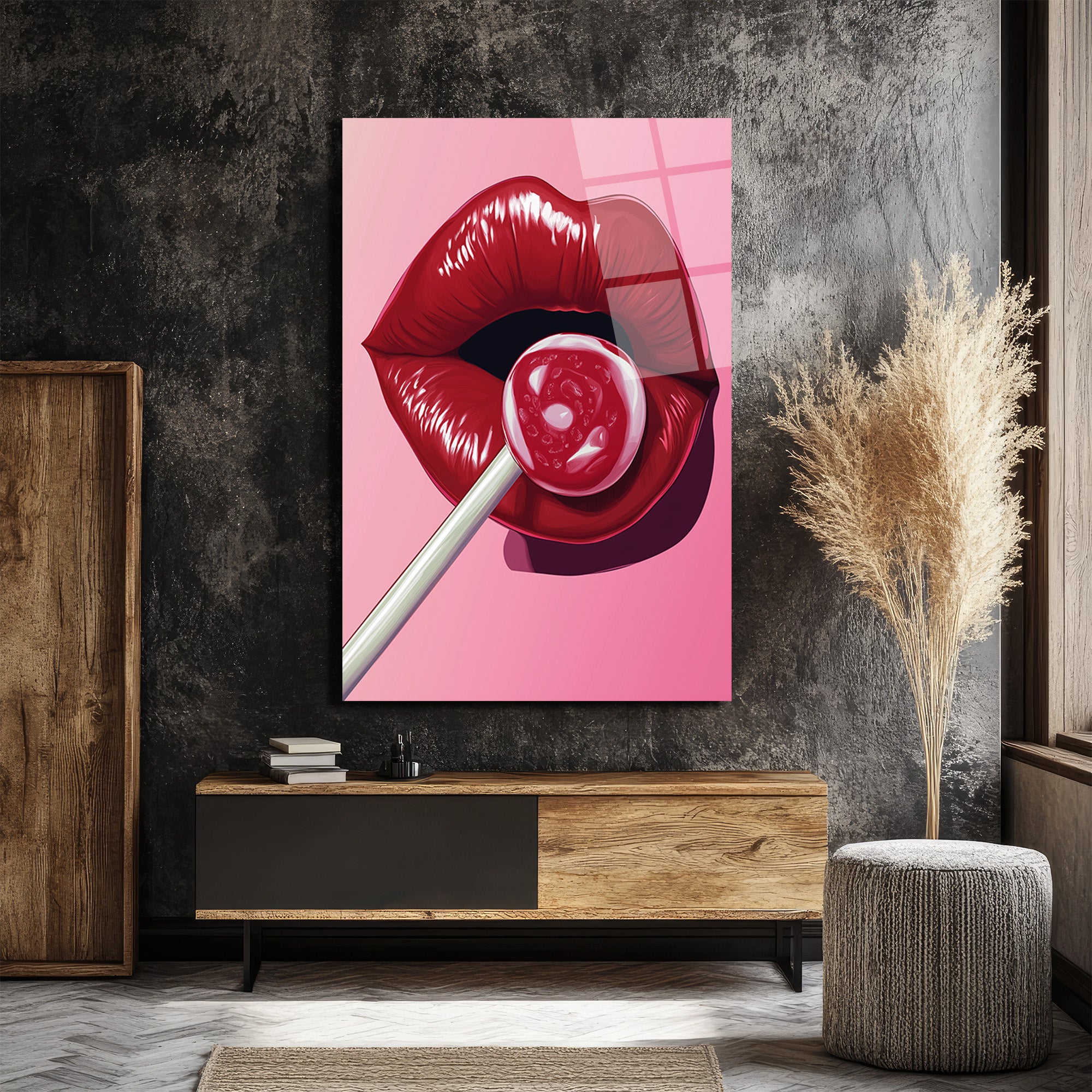 Çekici Dudaklar ve Lolipop Pop Art Cam Tablo