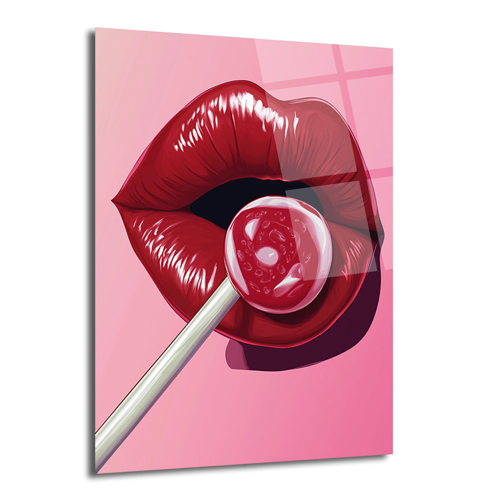 Parlak kırmızı rujlu dudakların ortasında kırmızı bir lolipop tuttuğu, pembe arka plana sahip modern pop art tarzı bir cam tablo.