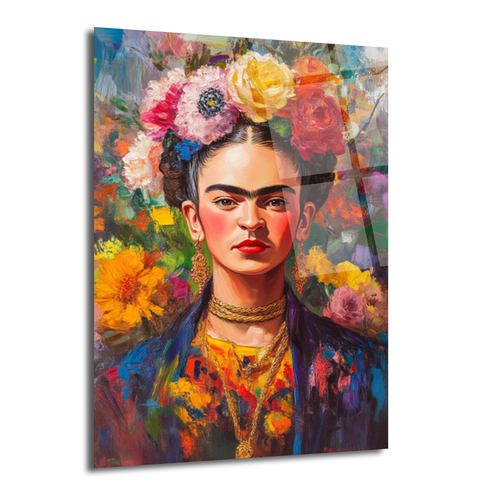 Frida Kahlo'nun başı çiçeklerle süslenmiş, güçlü ifadeye sahip, canlı renklerde fırça darbeleriyle yapılmış sanatsal cam tablo.