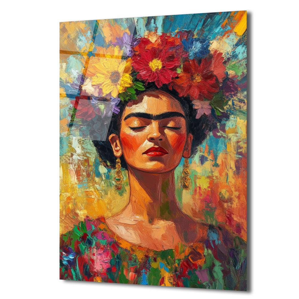 Frida Kahlo Çiçekli Taçlı Portre Cam Tablo