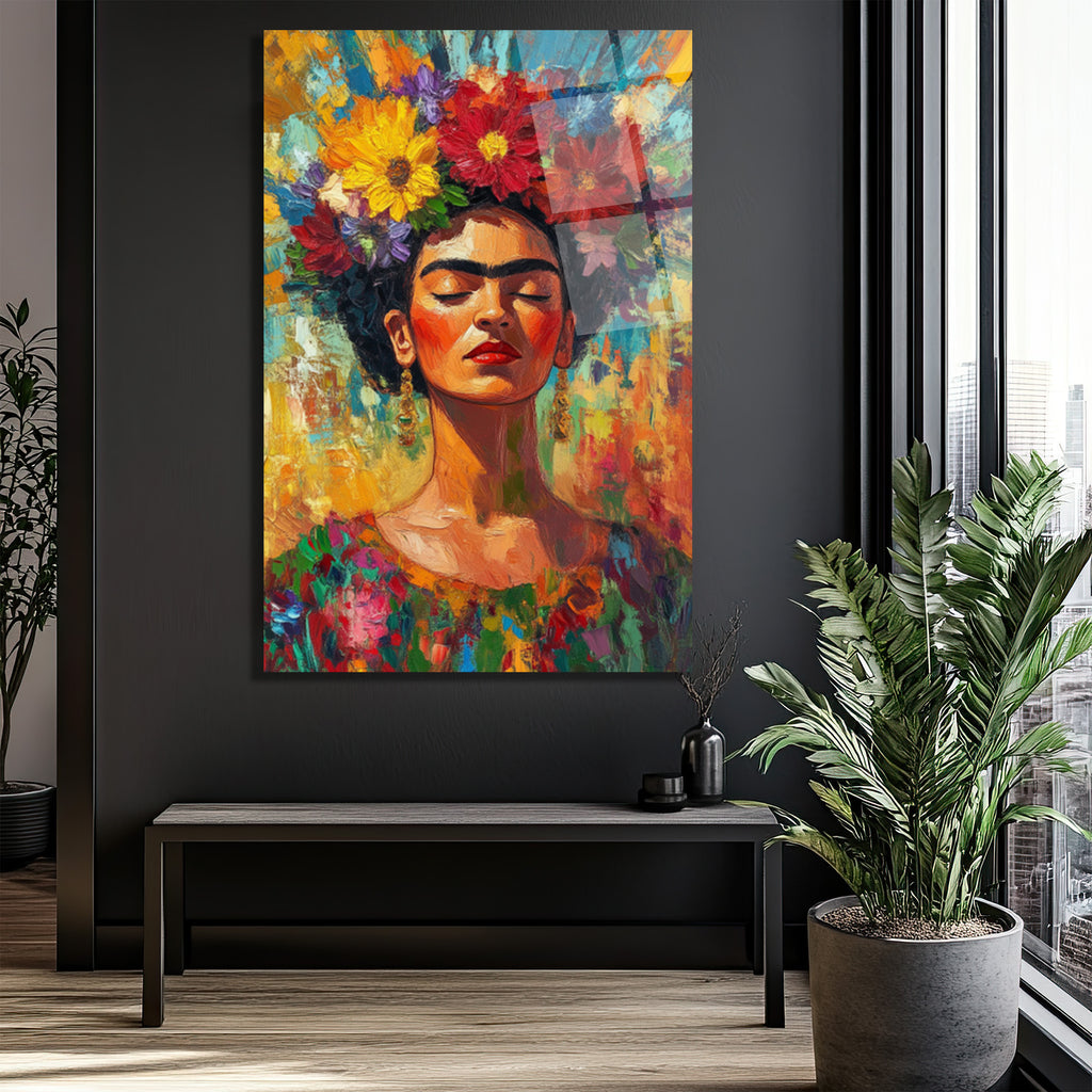 Frida Kahlo Çiçekli Taçlı Portre Cam Tablo