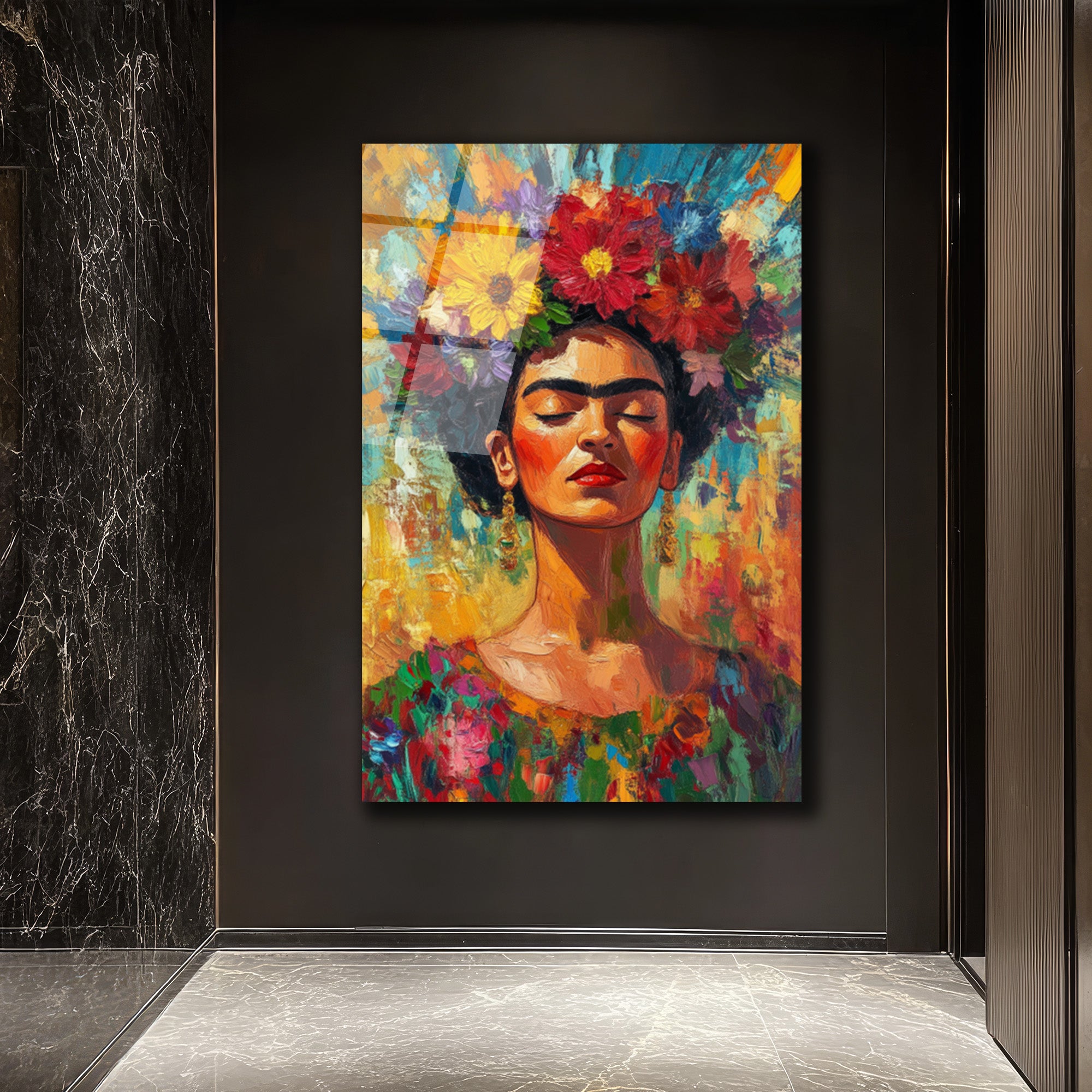Frida Kahlo Çiçekli Taçlı Portre Cam Tablo