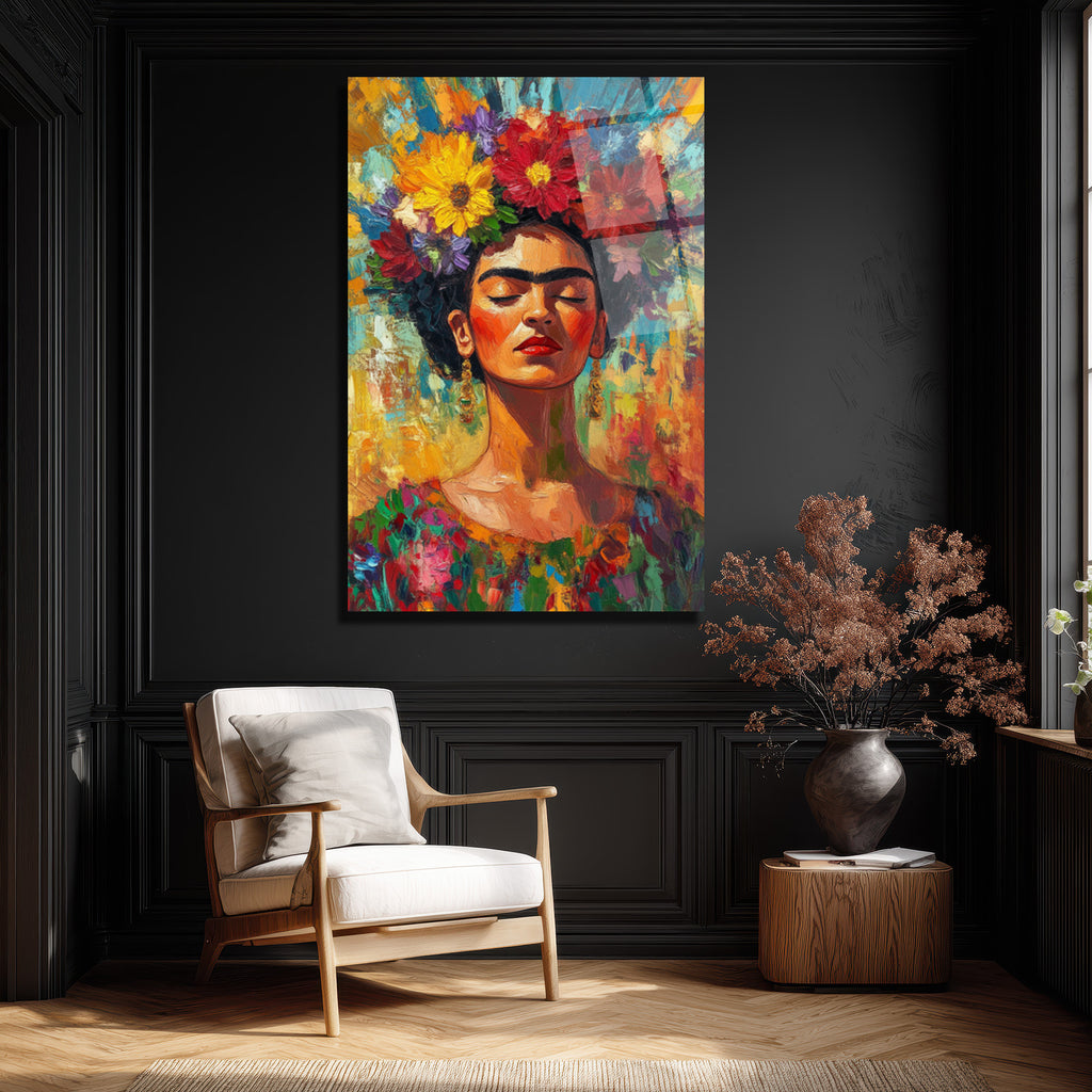 Frida Kahlo Çiçekli Taçlı Portre Cam Tablo