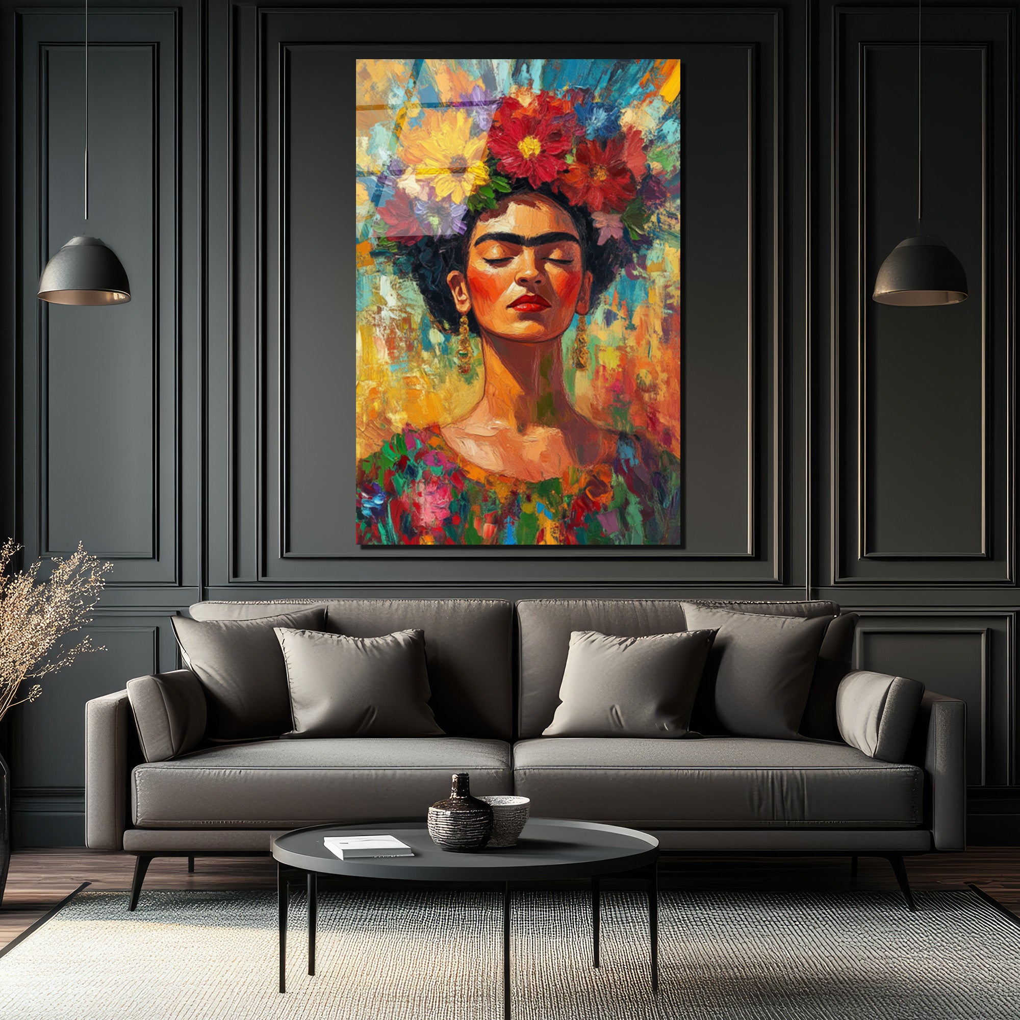 Frida Kahlo Çiçekli Taçlı Portre Cam Tablo