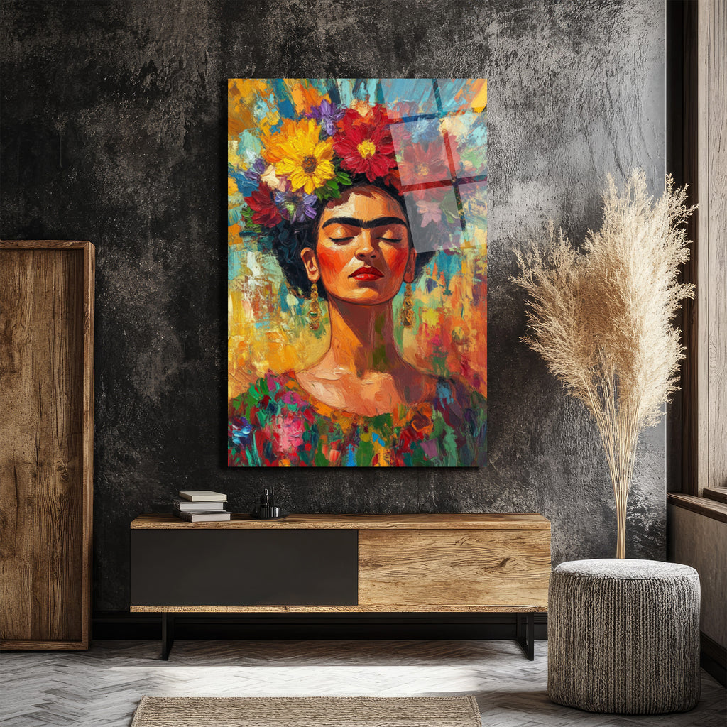 Frida Kahlo Çiçekli Taçlı Portre Cam Tablo