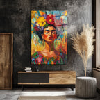 Frida Kahlo Çiçekli Taçlı Portre Cam Tablo