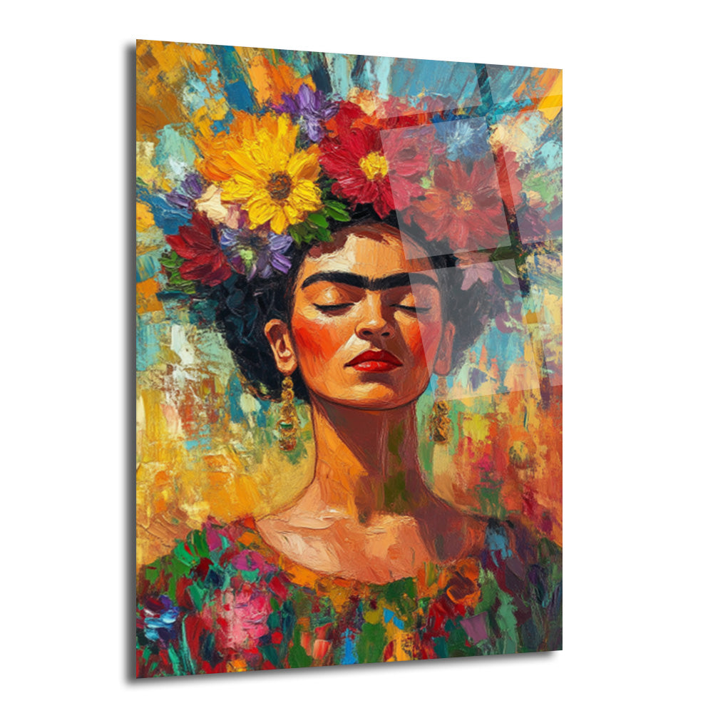 Gözleri kapalı, başında rengarenk çiçeklerden taç olan Frida Kahlo'nun canlı ve fırça darbeleri belirgin bir portre cam tablosu. Arka plan soyut renklerle dolu.