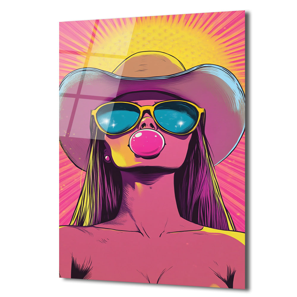 Kovboy Şapkalı Balon Sakızlı Kız Pop Art Cam Tablo