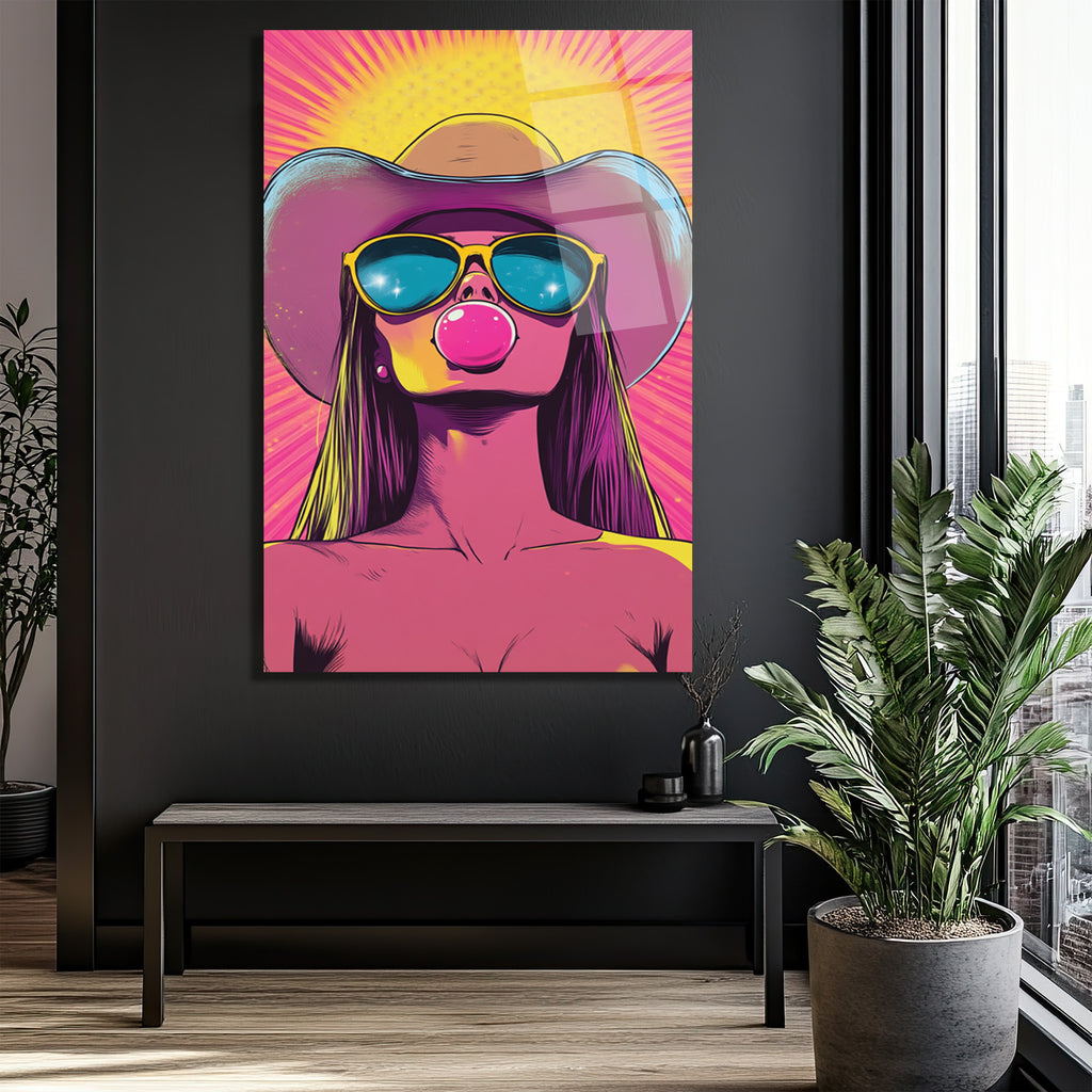 Kovboy Şapkalı Balon Sakızlı Kız Pop Art Cam Tablo
