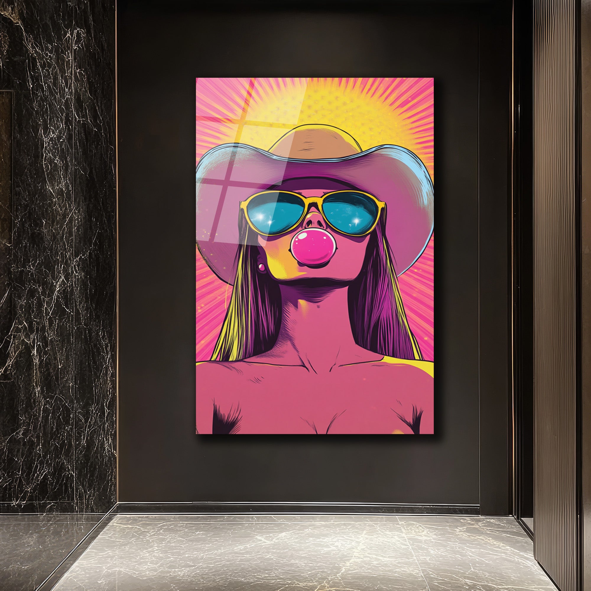 Kovboy Şapkalı Balon Sakızlı Kız Pop Art Cam Tablo