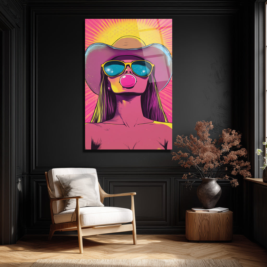 Kovboy Şapkalı Balon Sakızlı Kız Pop Art Cam Tablo