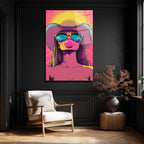Kovboy Şapkalı Balon Sakızlı Kız Pop Art Cam Tablo