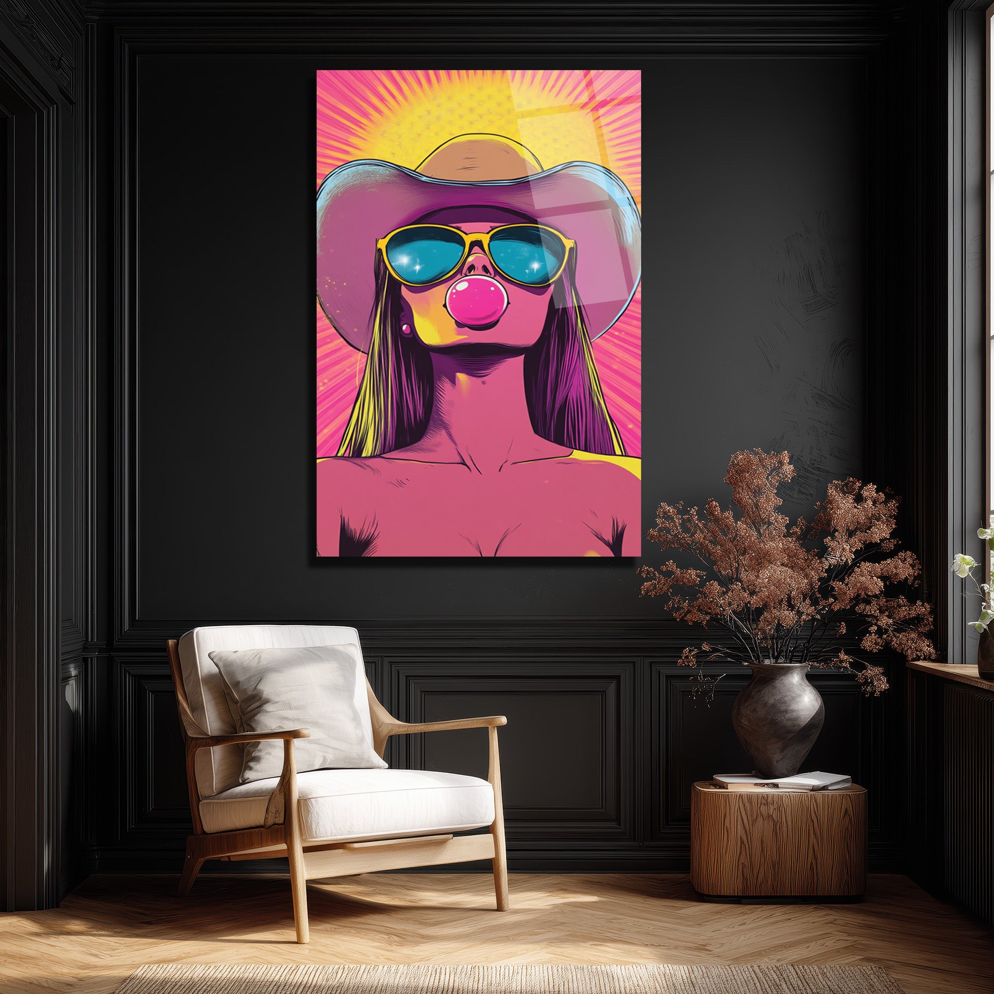 Kovboy Şapkalı Balon Sakızlı Kız Pop Art Cam Tablo