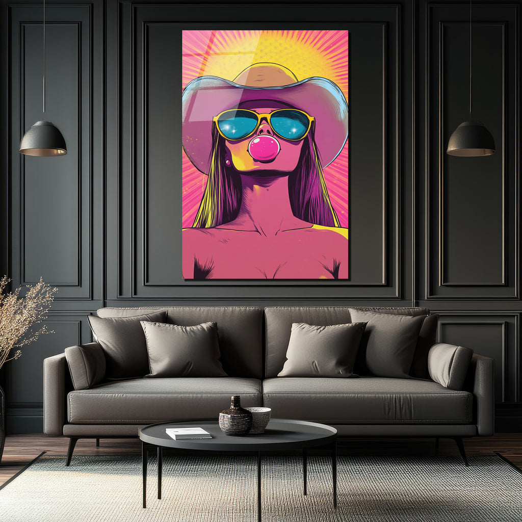 Kovboy Şapkalı Balon Sakızlı Kız Pop Art Cam Tablo