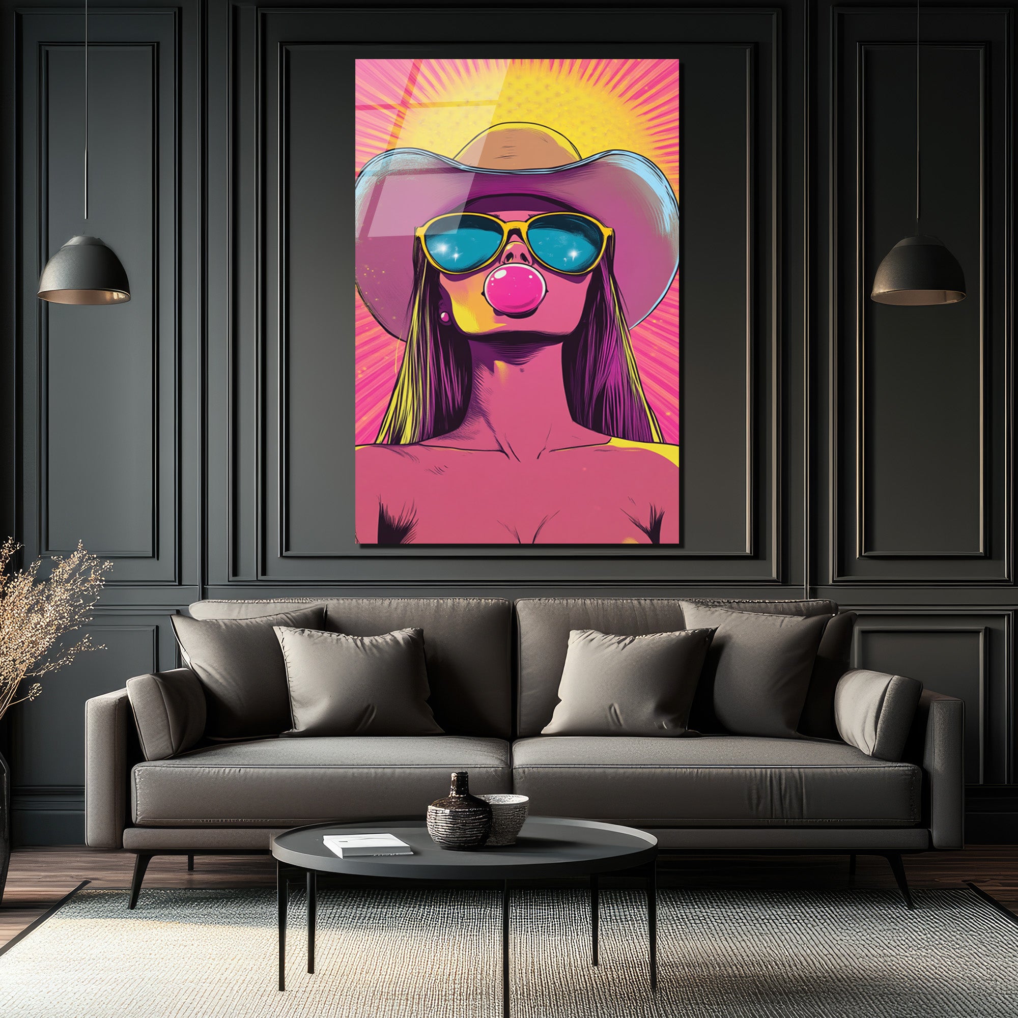 Kovboy Şapkalı Balon Sakızlı Kız Pop Art Cam Tablo