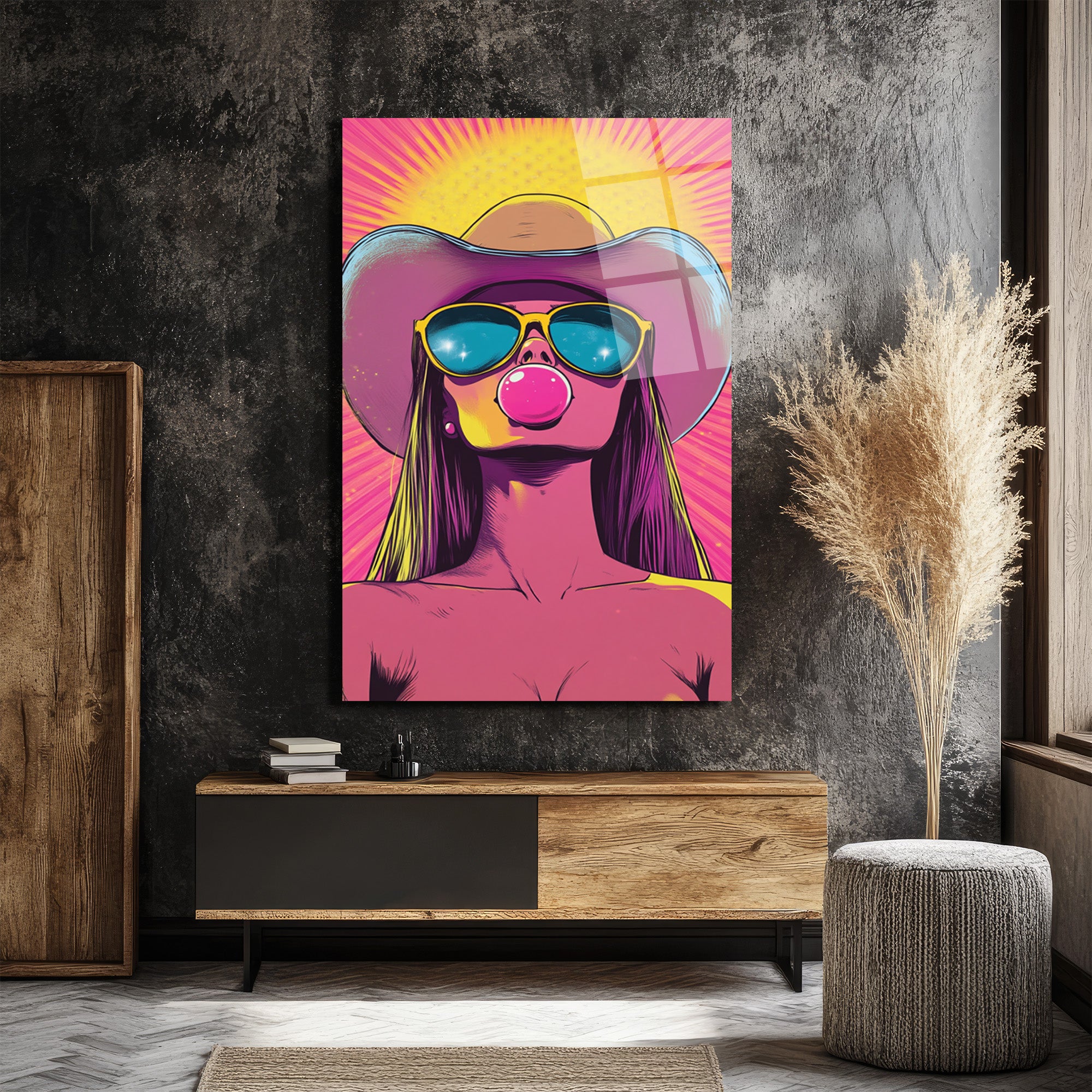 Kovboy Şapkalı Balon Sakızlı Kız Pop Art Cam Tablo