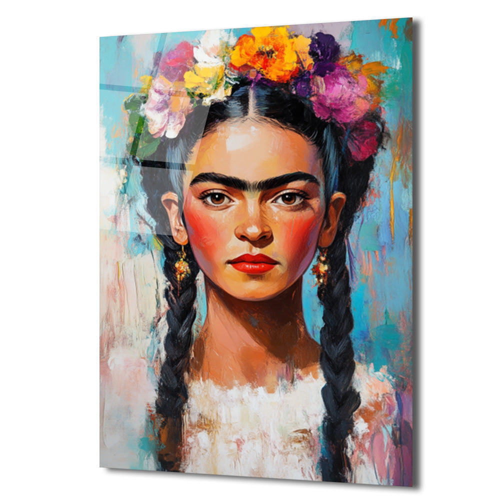 Frida Kahlo Çiçekli Taç Portresi Cam Tablo